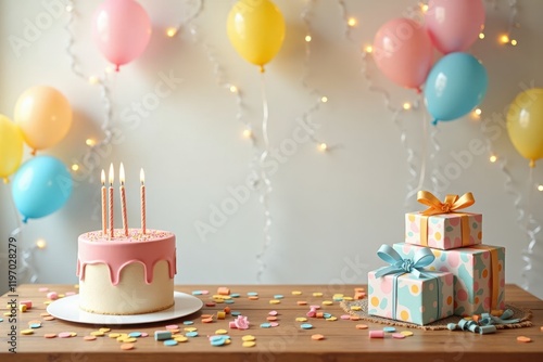 A charming wooden table set for a birthday party with a colorful cake, balloons, and wrapped gifts. The inviting setup captures the joy of celebrating a special day