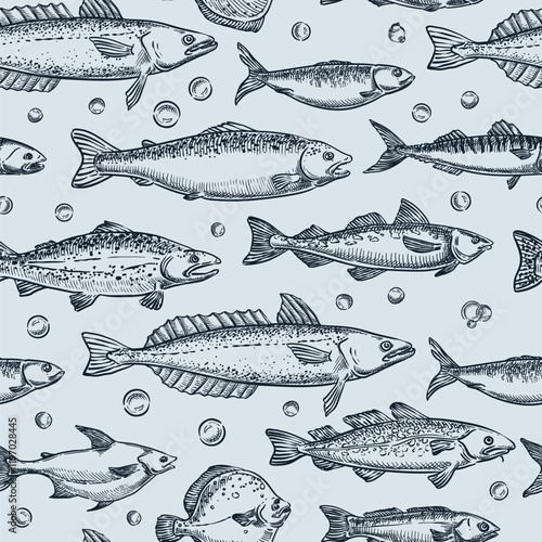 Fish seamless pattern. Vector hand drawn sketch illustration. Seafood menu background or textile print design