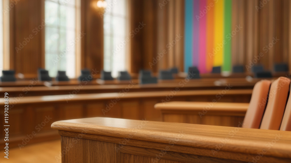 Fototapeta premium modern courtroom interior featuring wooden benches and colorful wall art, creating vibrant atmosphere