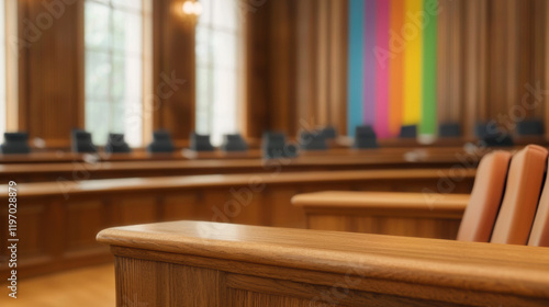 Wallpaper Mural modern courtroom interior featuring wooden benches and colorful wall art, creating vibrant atmosphere Torontodigital.ca