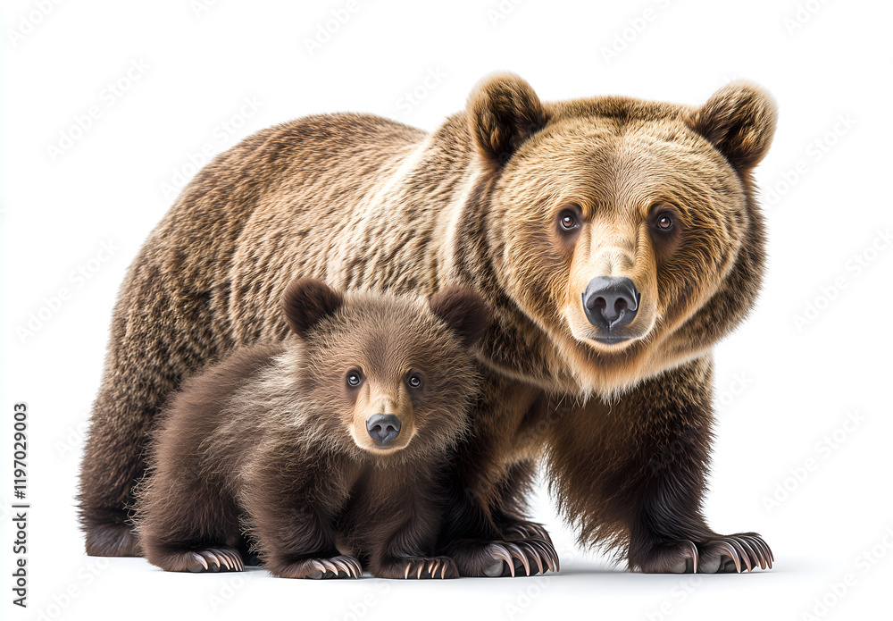 Fototapeta premium Watercolor brown bear and cub clipart, against a white isolated 