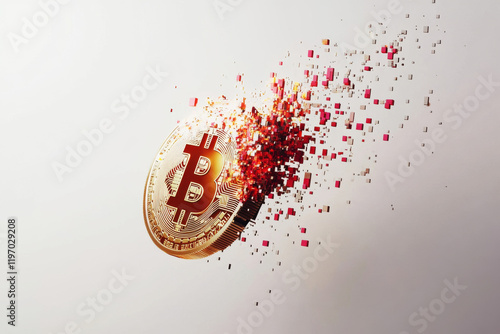 Bitcoin Coin Dissolving into Digital Pixels photo