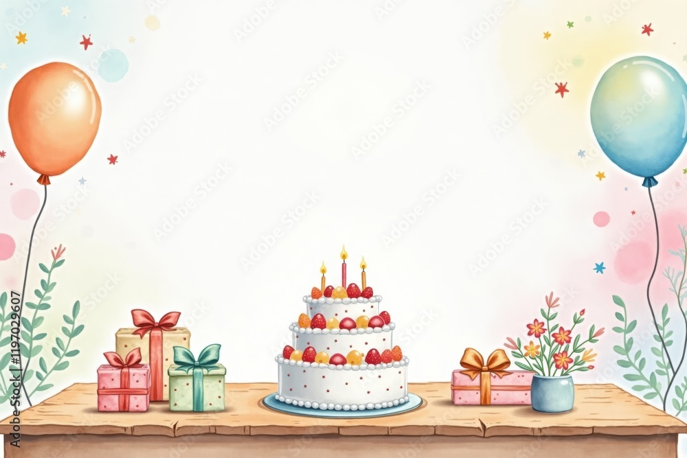 A charming wooden table set for a birthday party with a colorful cake, balloons, and wrapped gifts. The inviting setup captures the joy of celebrating a special day A charming wooden table set for a birthday party with a colorful cake, balloons, and wrapped gifts. The inviting setup captures the joy of celebrating a special day