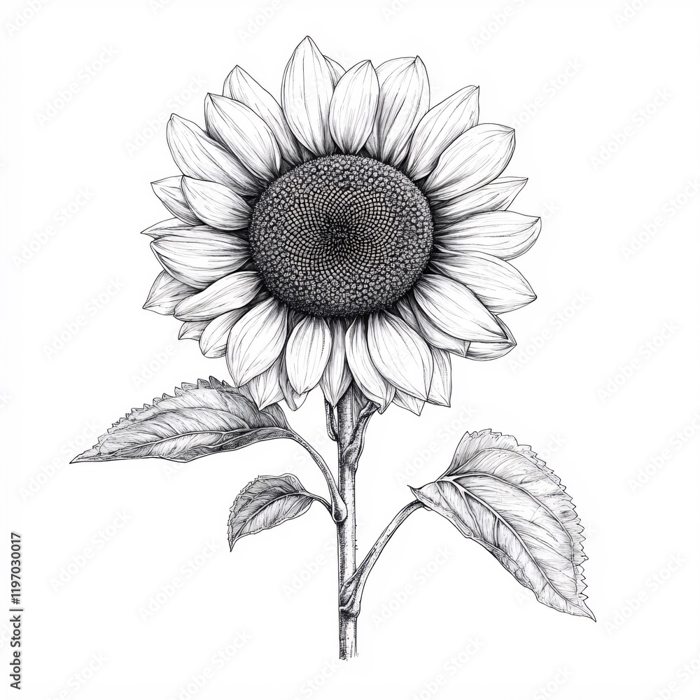 Fototapeta premium Elegant Black and White Sunflower Botanical Illustration