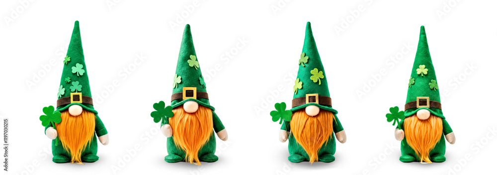 Fototapeta premium Four Spring Gnomes Holding Shamrocks for Saint Patrick's Day Celebration
