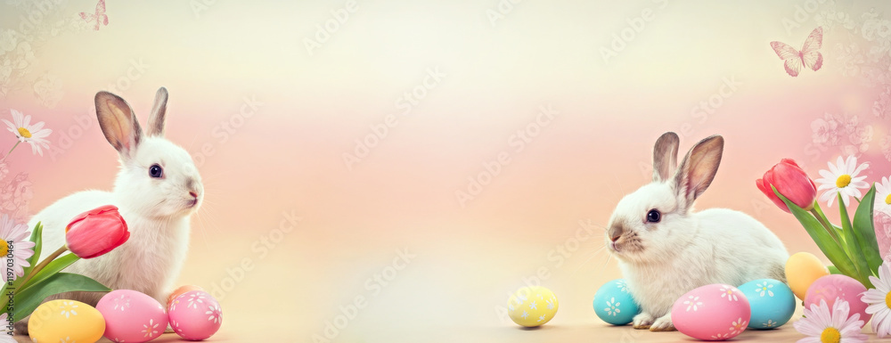 Obraz premium Adorable Easter Bunnies with Colorful Eggs and Spring Flowers in a Pastel Background. Easter concept