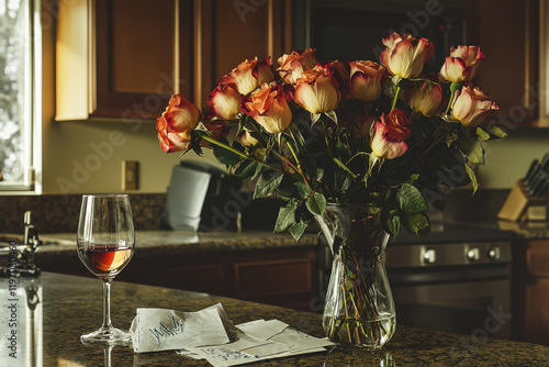 Wilting Roses and Untouched Wine Glass on Counter photo