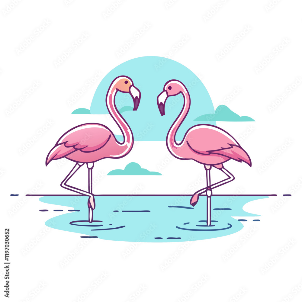 Obraz premium flamingos in lake vector icon, flamingos in lake vector illustration -simple illustration of flamingos in lake, perfect for flamingos in lake logos and icons and themed design 