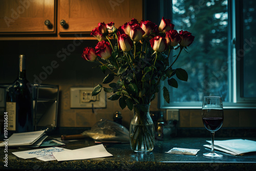 Wilting Roses and Untouched Wine Glass on Counter photo