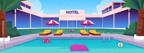 Vector pool scene with palm trees, umbrellas, sun loungers and inflatable circle, ball and mattress