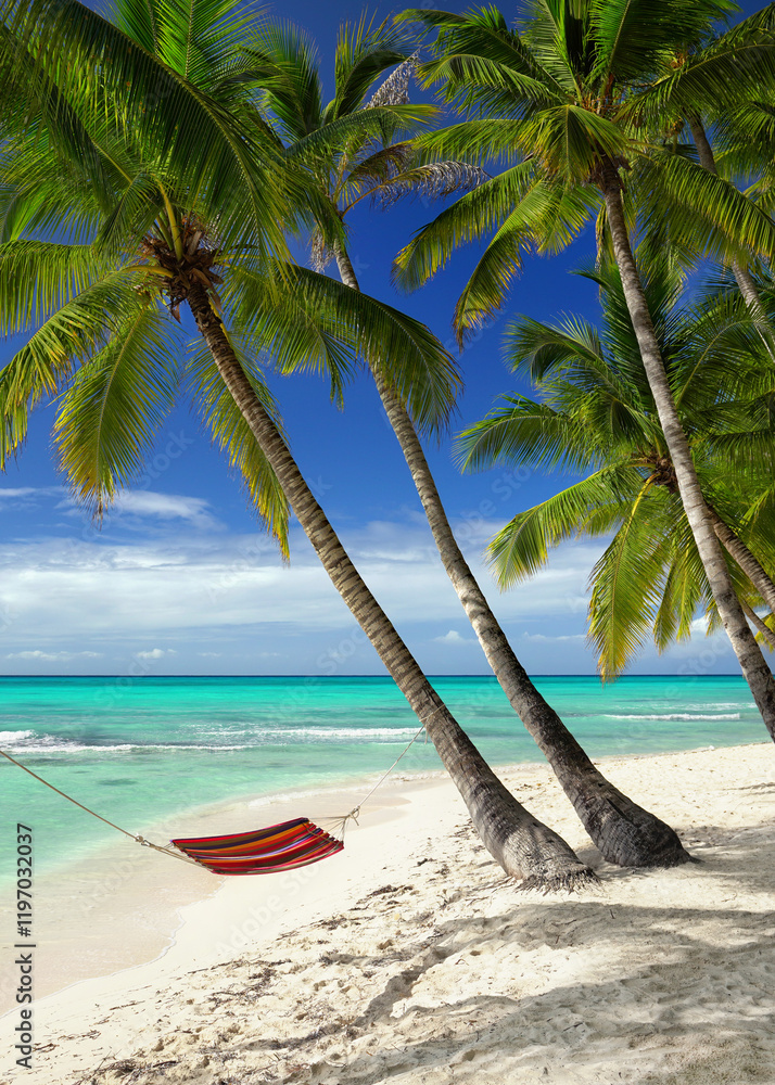 amazing tropical beach with coconut palm trees, white sand and turquoise sea	
