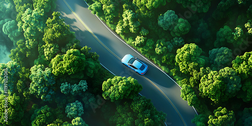 Aerial View of EV car, Electric Car Driving Through Lush Green Forest on a Winding Road - Sustainable Travel Concept,Electric car or hydrogen energy car on road midst forest and natural, earth. photo