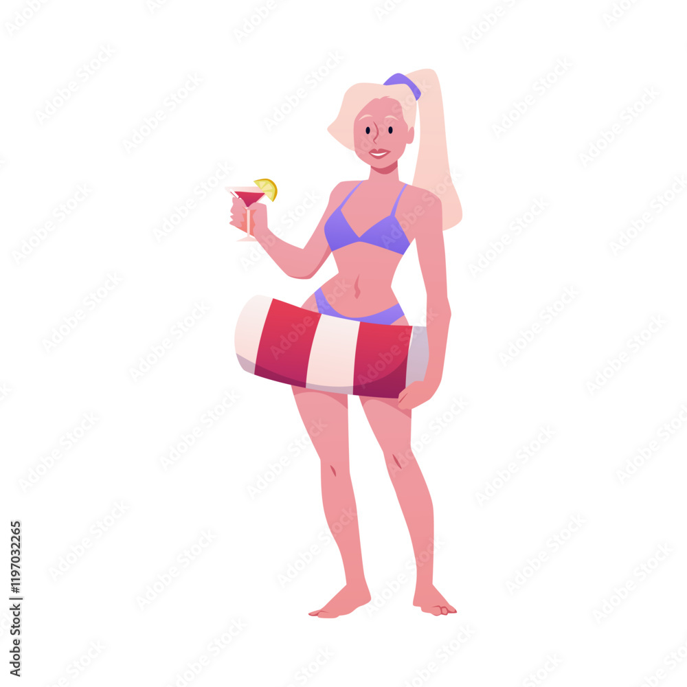 Vector illustration of a girl in a bikini, with an inflatable ring and a cocktail. Vector illustration of a girl in a bikini, with an inflatable ring and a cocktail.