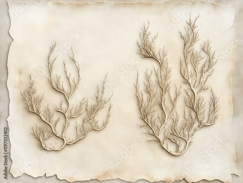 Vintage seaweed illustrations layered with textured, sand-colored paper