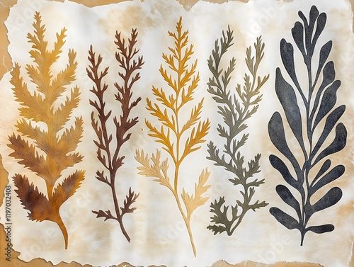 Vintage seaweed illustrations layered with textured, sand-colored paper