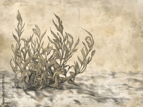 Vintage seaweed illustrations layered with textured, sand-colored paper