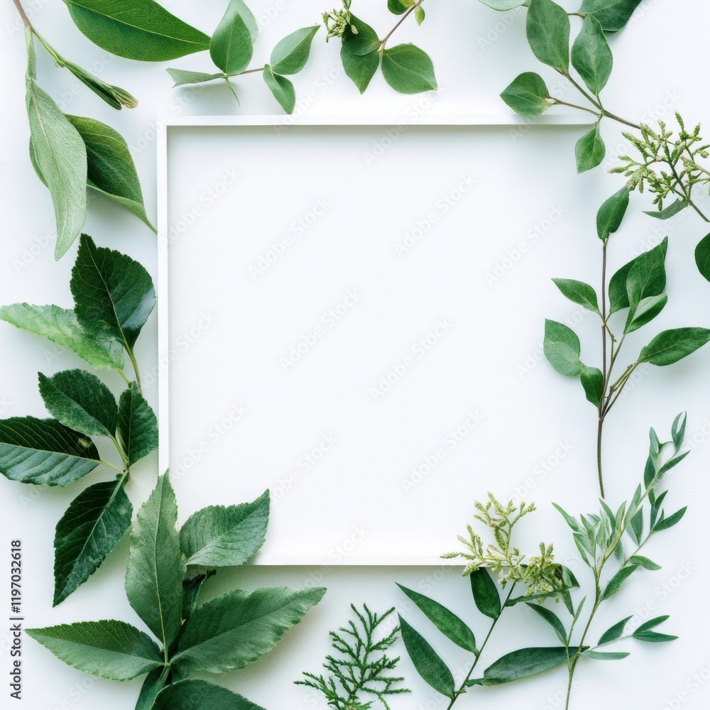 Naklejka premium Green foliage frame with empty space for text suitable for festive or promotional content creation. Generative AI