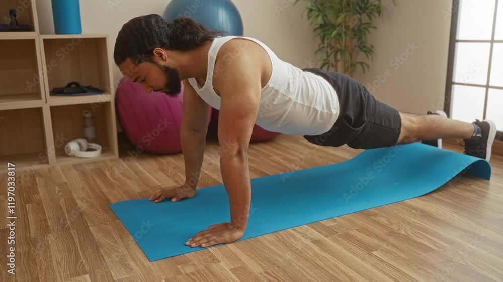 Young man with beard does push-ups on a blue mat in a well-lit indoor gym surrounded by exercise balls and wooden floor for a wellness workout session. Young man with beard does push-ups on a blue mat in a well-lit indoor gym surrounded by exercise balls and wooden floor for a wellness workout session.