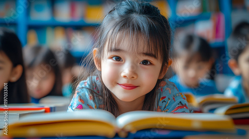 Young asian student reading textbook in classroom, focused education and learning environment