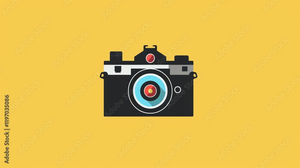 A simple, cartoon illustration of a camera on a yellow background. A simple, cartoon illustration of a camera on a yellow background.