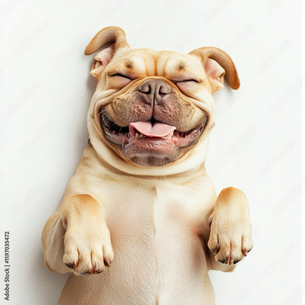 Hilarious bulldog lying on back with silly smile on white background Hilarious bulldog lying on back with silly smile on white background