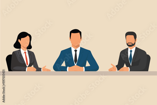 "Professional business panel illustration featuring diverse executives in formal attire, discussing ideas at a conference table.
 Ideal for corporate, teamwork, or leadership-themed designs."