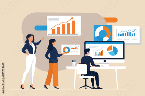 Teamwork in data analysis and presentation concept ,professionals discussing charts,
 graphs, and analytics in a modern office. Business growth, collaboration, and technology visualization.