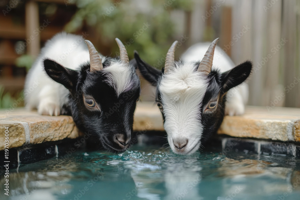 Fototapeta premium Two black and white miniature goats lean over the edge of a stone-lined pool, happily drinking water. The day is bright, and greenery surrounds the playful scene, creating a serene atmosphere.