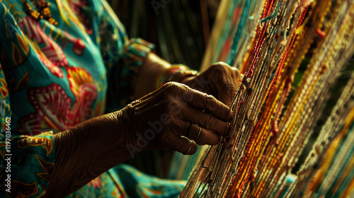 Using time-honored techniques, a Nicaraguan woman handcrafts hammocks with intricate, colorful patterns, her work celebrating her cultural and artisanal traditions.