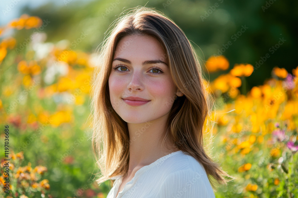 Young caucasian woman with long hair surrounded by yellow and orange wildflowers, natural beauty and organic skincare Young caucasian woman with long hair surrounded by yellow and orange wildflowers, natural beauty and organic skincare