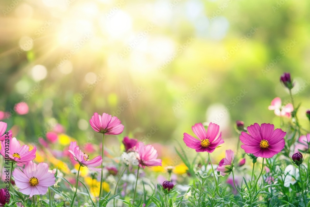 Fototapeta premium Vibrant garden filled with blooming flowers under soft sunlight in a serene outdoor setting. Generative AI