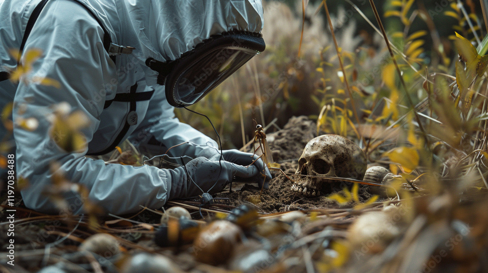 Obraz premium In a remote field, a forensic entomologist examines insects on recovered remains, assisting in the investigation by establishing the victim's death timeline.