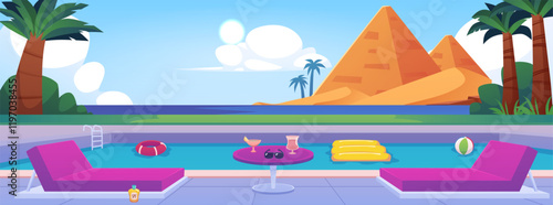 Vector illustration with a swimming pool on background of the sea, pyramids and palm trees.