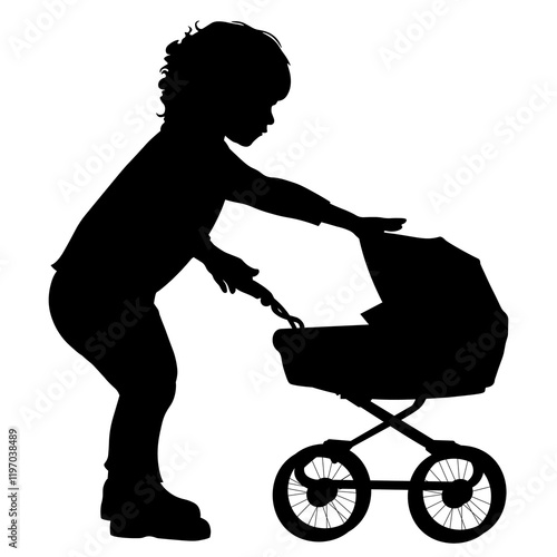Children silhouettes. Little girl playing with a toy baby carriage. Vector illustration.	
