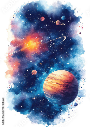 Colorful Outer Space Birthday Theme Watercolor Frame
