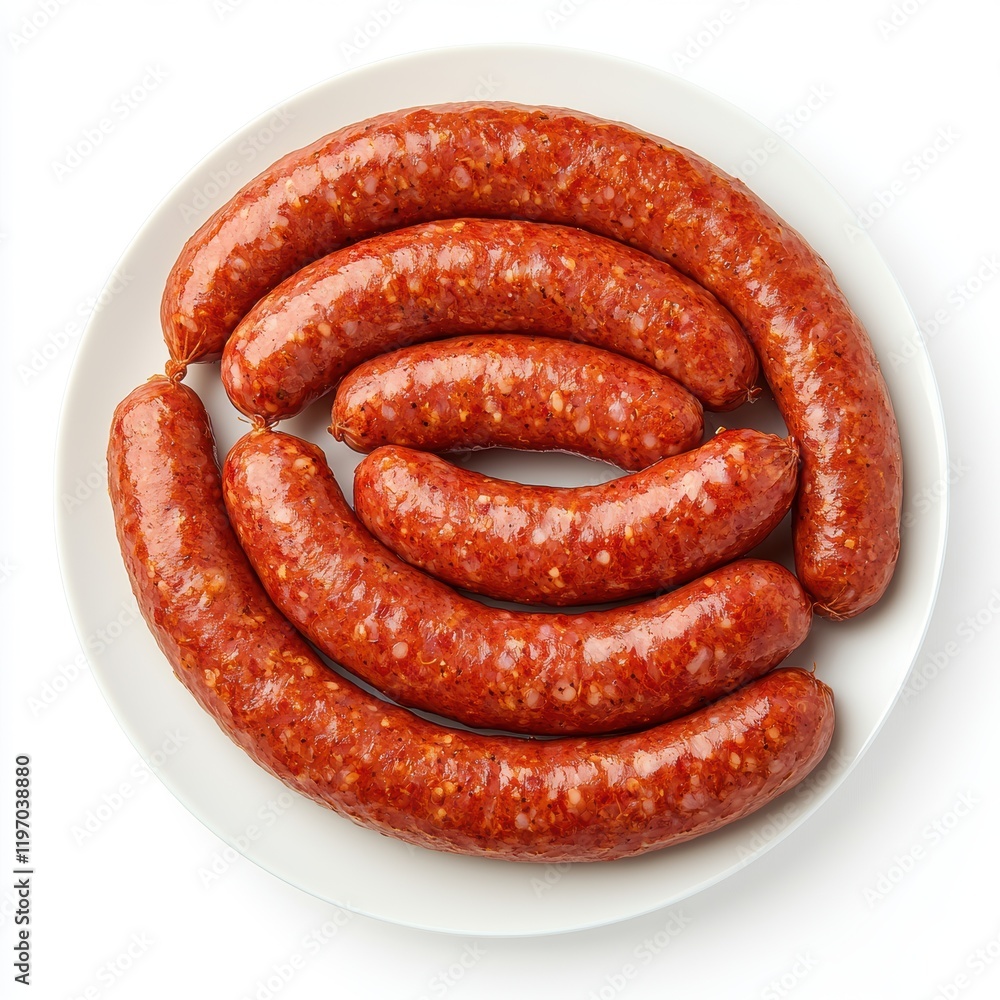 Freshly Cooked Sausages Arranged on White Plate for Culinary Display Freshly Cooked Sausages Arranged on White Plate for Culinary Display