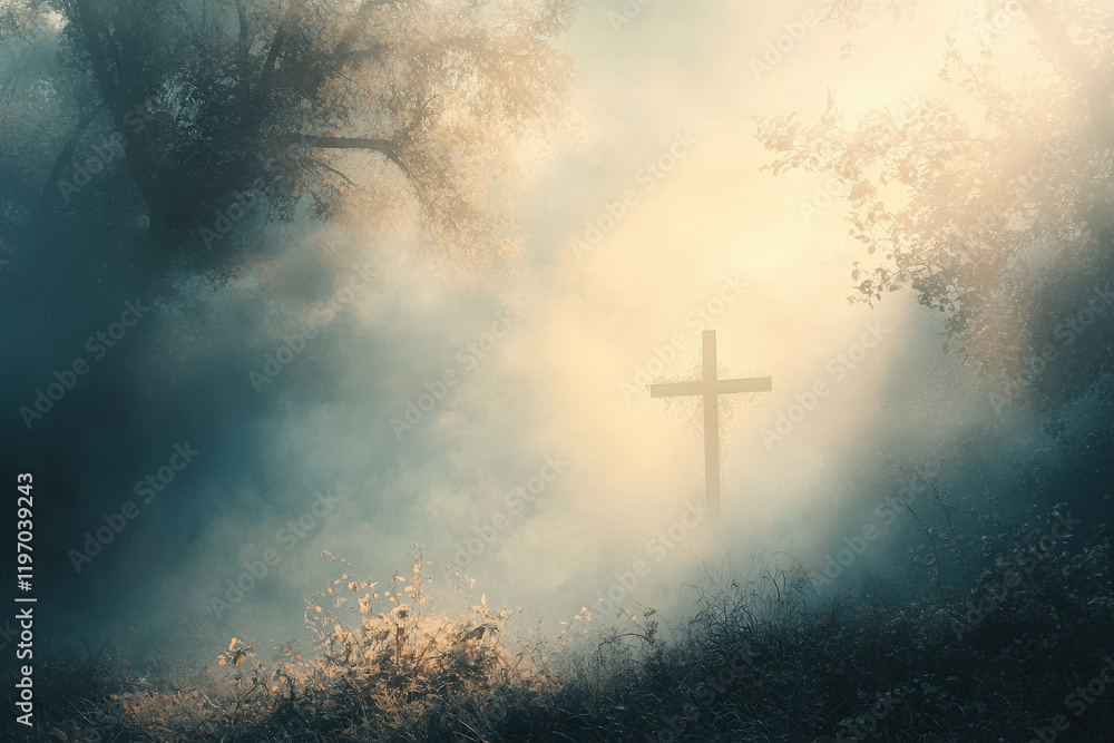 Mystical Cross in a Foggy Forest Setting Mystical Cross in a Foggy Forest Setting