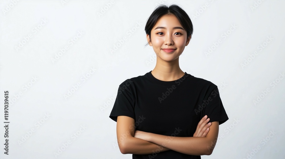 Portrait of a korean short hair beautiful woman in a black T-shirt and jeans, isolated against a white background, full body view, smiling at the camera Portrait of a korean short hair beautiful woman in a black T-shirt and jeans, isolated against a white background, full body view, smiling at the camera