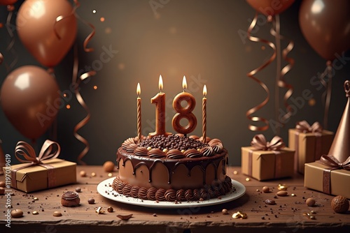 A wooden table featuring a birthday chocolate-themed cake with candles shaped like the number 18, streamers, confetti, birthday cards, flowers. The deep brown tones create a luxurious feel
