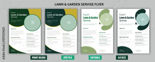 Flyer design template for lawn care and gardening services. Design of a poster leaflet promoting gardening and tree services. Template for lawnmower flyers. Lawn and gardening service flyer design tem