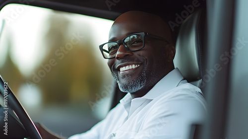 Happy black truck driver in the truck with copy space