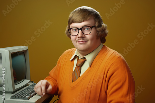 Retro Portrait of a Young Man with Vintage Computer Highlighting Nostalgic Style and Classic Technological Aesthetic