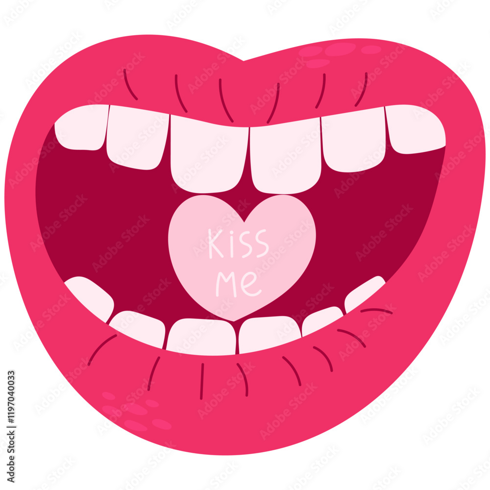 Obraz premium Open mouth with a heart-shaped candy. Sweet heart shape candy Kiss Me. Valentines day concept.