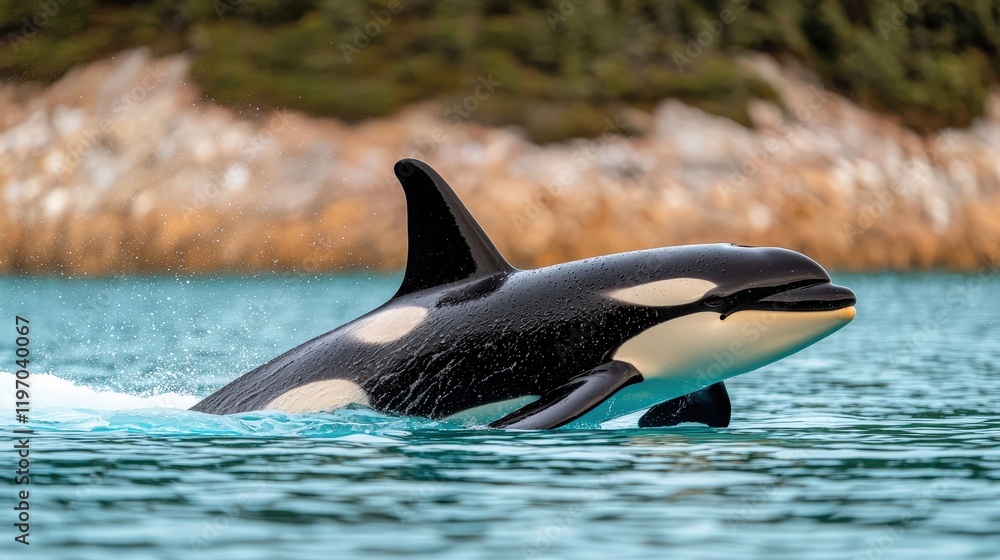 Fototapeta premium Orca swimming in ocean wildlife ecosystem exploration marine environment close-up view animal behavior