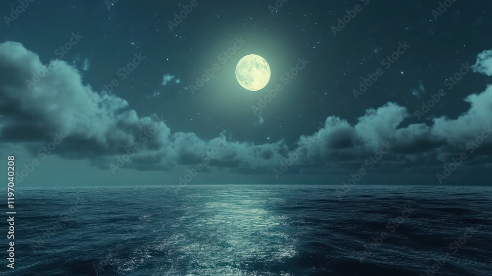 Full moon over ocean with clouds and stars at night Full moon over ocean with clouds and stars at night