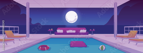 Vector illustration of a swimming pool at night under a blue sky in the moonlight