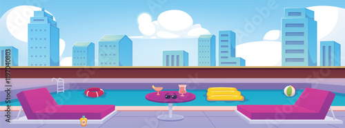 Illustration of rooftop swimming pool with view of city high rise buildings.