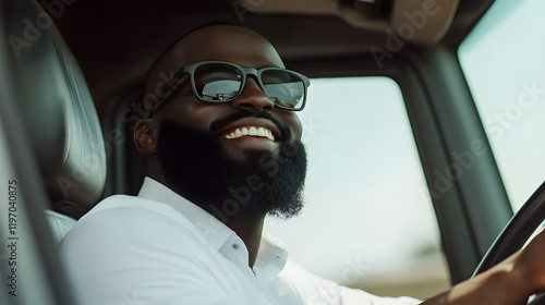Happy black truck driver in the truck with copy space
