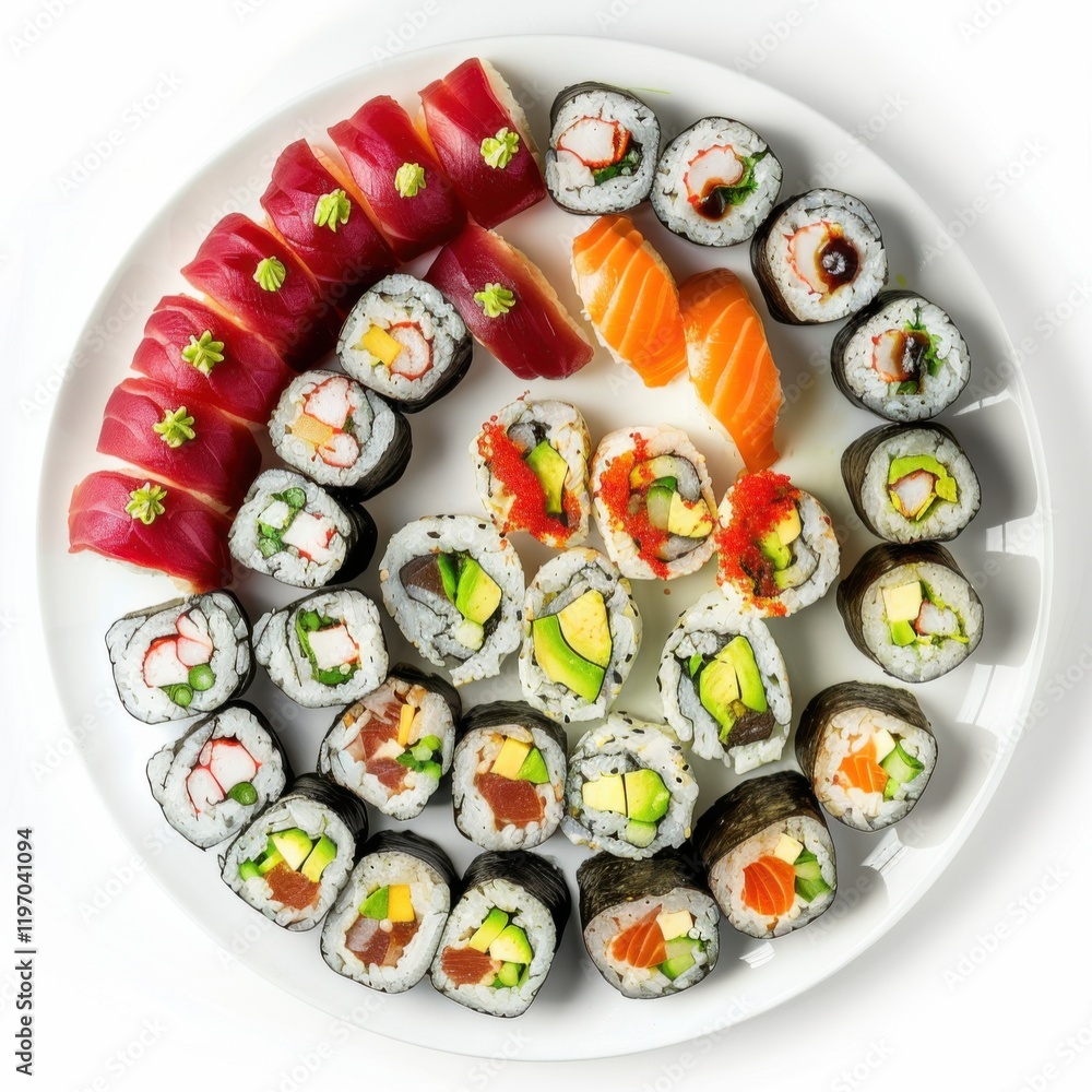 A platter of assorted sushi rolls including California rolls and tuna rolls, isolated white background, vibrant art style