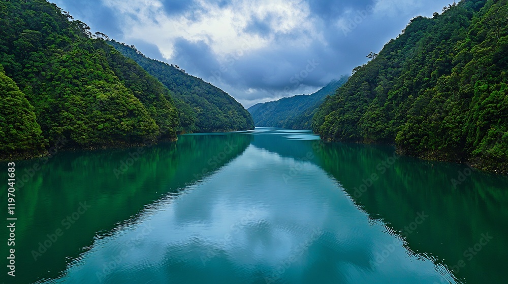 Tranquil mountain lake reflecting cloudy sky Tranquil mountain lake reflecting cloudy sky